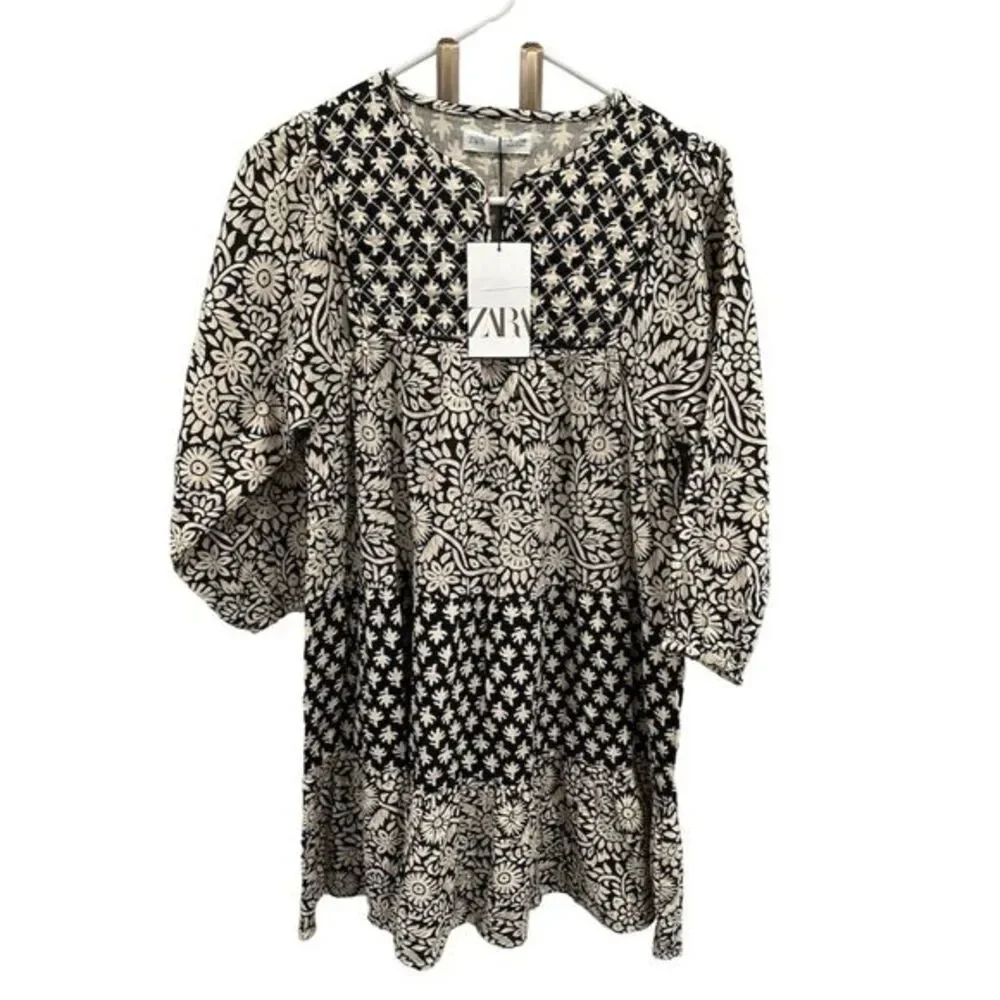 Zara Girls Black Floral Quilted Tiered Dress Size 10 Knee Length‎ Casual